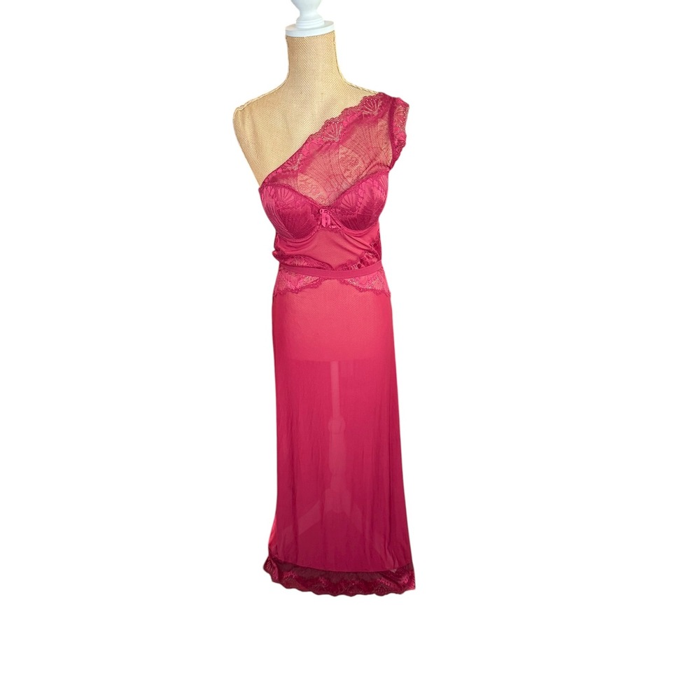 Frederick's of Hollywood Maroon Lace One Shoulder Sheer‎ Maxi Chemise Lingerie M